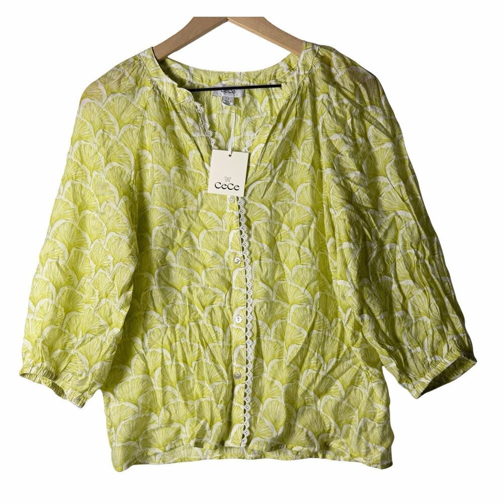 CeCe Green Floral Ruffle Sheer Button Up Blouse Whimsy Womens S NWT